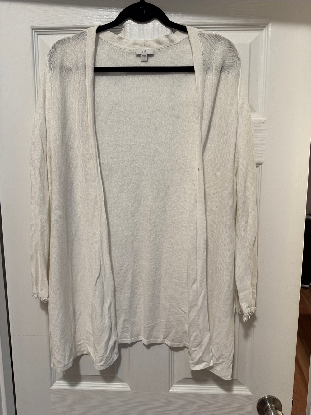 📌JJill LP White Open-Front Linen Blend Fringed Cuff Cardigan